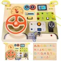 Produktbild: Busy Board Montessori Spielzeug mit simuliertem Lenkrad und LED-Lichtschaltern, Activity Board,Motorikbrett Holzschalttafel für Busy Board ab 1 Jahr- Geschenk für Jungen und Mädchen ab 1 2 3 4 Jahr