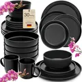 Produktbild: SÄNGER Madeira | Kombiservice 6 Personen, Teller Set matt Kaffeebecher Pastaschalen 30 tlg, Steingut Geschirr Set spülmaschinen- mikrowellen, Geschirrset aus Steingut schwarz | VALUE COLLECTION