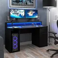 Produktbild: Forte Tezaur Gaming Schreibtisch mit 1 Tür und 1 Schublade inkl. RGB-Beleuchtung, Holzwerkstoff, Mattschwarz, B x H x T: 140 x 91 x 65 cm