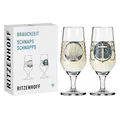 Produktbild: RITZENHOFF 3871001 Schnaps-Glas 40 ml 2er Set - Serie Brauchzeit Nr. 1 + 2 - Tierwesen - rund, Blau und Grau - Made in Germany
