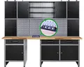 Produktbild: Ondis24 Werkstatteinrichtung 240cm Komplettset mit FSC-zertifizierten Buchenholz Arbeitsplatten, versenkbarer Steckdosenleiste grau Werkbank Werkzeugschrank Lochwand (3 Schubladen / 9 Türen, Schwarz)