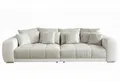 Produktbild: luma-home Big-Sofa 15113, XXL-Couch B306/T134/H86 cm, Liegefläche 120x240 cm, mit Federkernpolsterung, viele Kissen, markante Steppungen, Kunstleder Weiß/Web-Strukturstoff Grau Beige