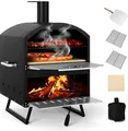 Produktbild: COSTWAY Outdoor Pizzaofen, 2-lagigem Pizza Ofen mit Grillrost, Pizzaschaufel, quadratischem Stein, wasserdichter Abdeckung, Holzofen Brennofen tragbar