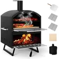 Produktbild: COSTWAY Outdoor Pizzaofen, 2-lagigem Pizza Ofen mit Grillrost, Pizzaschaufel, quadratischem Stein, wasserdichter Abdeckung, Holzofen Brennofen tragbar - Schwarz/Silber