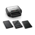 Produktbild: Tefal Ultracompact 3-in-1 Sandwich-Waffel-Panini Kombigerät, Antihaftbeschichtung, wärmeisolierter Griff, Edelstahl/Schwarz, SW383D10