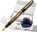 Produktbild: Pelikan Füllhalter Classic 200, Braun-Marmoriert, Feder M (mittel), hochwertiger Kolbenfüller im Geschenk-Etui mit Edelstein Ink (blau) Flakon