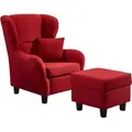 Produktbild: Ohrensessel mit Hocker Landhaus Polster-, TV-, Lesesessel Strukturstoff in Rot / 18002 - Rot