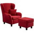 Produktbild: Ohrensessel mit Hocker Landhaus Polster-, TV-, Lesesessel Strukturstoff in Rot