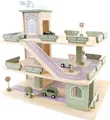 Produktbild: Banditen & Engel Holz-Spielzeuggarage – Banditen-Parkerlebnis mit 3 Etagen und Aufzug – inklusive 4 Autos – Spielzeug-Autogarage aus Holz – Retro-Grün
