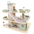 Produktbild: Bandits & Angels Holzspielzeuggarage Bandits Parkerlebnis mit 3 Etagen und Aufzug – inklusive 4 Autos – Spielzeugautogarage aus Holz – Retro-Grün