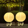 Produktbild: YIFMOO Solar Lampions, 2 Stück 25 CM Solarlaterne Außen Wetterfest, LED Wasserdicht Lampion mit 4 Quaste, Hängende Nylon Laterne für Gärten, Höfen, Balkonen, Hochzeit Dekoration (Warmweiß)