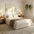 Produktbild: Polsterbett PESARO 160x200 cm, Cremeweiß – modernes Doppelbett mit Lattenrost, Stoffbezug aus 100% Polyester in Leinen Optik, mit Kopfteil für ... - Weiß