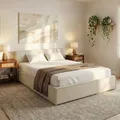 Produktbild: IDIMEX Polsterbett Pesaro 160x200 cm, Cremeweiß – modernes Doppelbett mit Lattenrost, Stoffbezug aus 100% Polyester in Leinen Optik, mit Kopfteil für Schalfzimmer