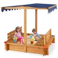 Produktbild: Sandkasten mit Dach Sandbox Sandkiste Holz mit Sitzbänken 120 x 120 cm