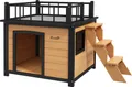 Produktbild: PawHut Hundehütte Hundehaus mit Balkon, Erhöhtes Kleintierhaus mit Treppe, Fenster, Hundehöhle für Kleine, Mittele Hunde, Tannenholz, Gelb, 121 x 77 x