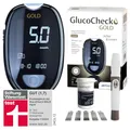 Produktbild: GlucoCheck GOLD Blutzuckermessgerät-Set (mmol/L) mit 10 Blutzuckerteststreifen, 10 Lanzetten, 1 Stechhilfe, 1 Etui, Starterset zur Blutzucker-Selbstkontrolle