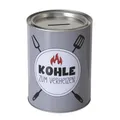 Produktbild: Spardose Sparschwein Schriftzug Kohle zum Verheizen - Deckel abnehmbar - Grau Wiederverwendbar Metall Sparbüchse Geldgeschenk Geschenkidee Geldspardose Metallspardose 14 x 10 cm
