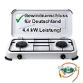 Produktbild: Gaskocher Campingkocher 2-flammig 50 mbar mit Gasschlauch und Gasregler mit 360°-Manometer Gas Füllstandsanzeige und Schlauchbruchsicherung