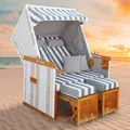Produktbild: BRAST® Strandkorb Norderney Deluxe für 2 Personen | 120cm breit | 4 Designs | inkl. wetterfeste Abdeckhaube | verstellbare Rückenlehne Fußkissen | Grau/Weiß - gestreift