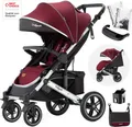 Produktbild: Daliya® Rapidy Buggy / Kinderwagen 0-36 Monate / Sportwagen mit Liegeposition / Wickeltasche, Winterfußsack, Ess- & Spieltisch und mehr Linen Rot – Silber
