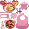 Produktbild: Kinyoda 10-teilig Silikon Baby Geschirrset, Rutschfest Kindergeschirr Set mit Saugnapf, Babyfütterungsset mit Löffel Gabel Schüssel Lätzchen Becher Trinklernbecher Teller,Silikon Geschirr Baby (Rosa)