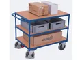 Produktbild: Schwerer Tischwagen, Stahl/MDF-Platte, Enzianblau/Buche-Dekor, 3 Etagen, L 850 x B 500 mm, TPE-Rollen mit EasySTOP, bis 400 kg