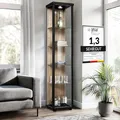 Produktbild: K-Möbel Glasvitrine Stehend (176x37x33cm) - Made in Germany - Vitrinenschrank Schwarz/Sonoma Eiche mit 4 höhenverstellbaren Glasböden & LED - Vitrine Glas stehend - Glasschrank - Cabinet