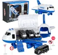 Produktbild: Ikonka Spielzeug-Flugzeug Transportflugzeug Polizeiflieger Fahrzeugset, (Spar-Set, 1-tlg., 30 x 25 x 14 cm tragbar), Licht & Sound, Laderampe, 3 Autos, 7 Schilder
