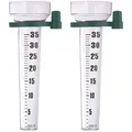 Produktbild: Relaxdays Regenmesser 2er Set, mit Halterung, Niederschlagsmesser Garten, Skala 35 mm/m2, Kunststoff, transparent/grün