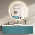 Produktbild: HOKO Design Badspiegel rund 60 cm Malaga mit Metall Rahmen Weiß. Runder Bad Wandspiegel LED beleuchtet + Touch Schalter + LED Licht Wechsel. - Weiß