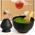 Produktbild: Goodwei Matcha Set mit Matcha Besen, Matchalöffel und Matcha Schale mit Besenhalter aus Keramik im passenden Design | Kunstvoll gefertigte Schale mit Steinstruktur | Geschenkset (Rokku Kuro, 80)