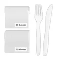 Produktbild: Linario® Gabel und Messer Set, Mehrwegmesser, biologisch abbaubar, kein Plastik, nachhaltig, je 50 Messer und 50 Gabeln, MSMEGA50, Weiß