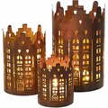 Produktbild: Metall Weihnachts Windlicht rund Rost Optik 3er Set - Skyline - Winter Tisch Deko Laterne Kerzen Halter