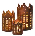 Produktbild: Metall Weihnachts Windlicht 3er Set 20/15 / 10 cm - Skyline - Deko Tischlaterne in Rost Optik - Tisch Kerzen Laterne Halter mit Lichtspiel Weihnachten Advent Stimmungslicht