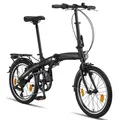Produktbild: Licorne Bike Phoenix 2D, 20 Zoll Aluminium-Faltrad-Klapprad, Scheibenbremse, Discbremse, V-Bremse Faltfahrrad-Herren-Damen, 7 Gang Kettenschaltung - Folding City Bike, Alu-Rahmen, StVZO, Vorderlampe, Hinterlampe Farbe:Schwarz-Gold;Stil:V-Bremse