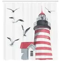 Produktbild: Abakuhaus Duschvorhang Moderner Digitaldruck mit 12 Haken auf Stoff Wasser Resistent Breite 175 cm, Höhe 200 cm, Leuchtturm Seagulls Strand Meer grau|rot 175 cm x 200 cm