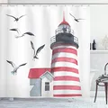 Produktbild: ABAKUHAUS Leuchtturm Duschvorhang, Seagulls Strand Meer, Stoffliches Gewebe Badezimmerdekorationsset mit Haken, 175 x 200 cm, Weiß Grau Rot
