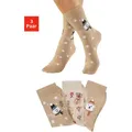 Produktbild: Basicsocken H.I.S, Damen, Gr. 39-42, 2x dunkel beige, 1x hell beige, Baumwollmischung, gemustert, elastisch, Socken, mit lustigen Weihnachtsmotiven