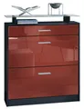 Produktbild: Vladon Schuhschrank Loret (hängender Schuhkipper für 16 Paar Schuhe, mit 2 Klappen und 1 Schublade und Glasablage) Schwarz matt/Bordeaux Hochglanz (89 x 104 x 23 cm)