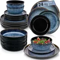 Produktbild: SÄNGER Osaka | Tafelservice 24 teilig, Steingut Geschirr Set 6 Personen, 6x Teller Set 6x Frühstücksteller 6x Tiefe Teller 6x Pastaschalen blau mit schwarzem Rand | VALUE COLLECTION