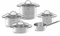 Produktbild: Fissler Topf-Set San Francisco, Edelstahl 18/10 (Set, 9-tlg., Bratentopf 20 cm, je 1 Kochtopf 16/20/24 cm, Stielkasserolle 16 cm), Geeignet für alle Herdarten, Induktion