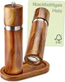 Produktbild: Salz und Pfeffermühle aus Akazienholz mit Untersetzer - Nachhaltiges FSC® Holz – Langlebiges Keramikmahlwerk – Pfeffer und Salzmühle – Gewürzmühle Holz – Pfeffer Salz Mühlenset