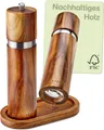 Produktbild: Praknu Salz-/Pfeffermühle Salz und Pfeffermühle aus Akazienholz mit Untersetzer - Nachhaltiges manuell, Nachhaltiges FSC Holz - Langlebiges Keramikmahlwerk - Plastikfrei