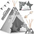 Produktbild: NUKIDO Kinderzelt Tipi Zelt Baumwolle Holzrahmen Bezauberndes Design Entwicklungsförderung Leicht zu reinigen 120x120x165cm Girlanden Lichter Grau