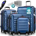 Produktbild: MONZANA® 4tlg Kofferset Schloss Organizer Kofferwaage Gurt Gel-Griffe Zwillingsrollen Standfüße Trolley Reisekoffer Hartschale Koffer S-M-L-XL Blau