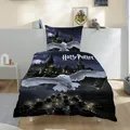 Produktbild: Biber/Flanell Bettwäsche-Set Harry Potter 135x200 80x80 cm · Kinderbettwäsche aus 100% Baumwolle · Motiv mit Eule Hedwig und Hogwarts Wappen · Winter-Bettwäsche zum Wenden