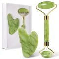 Produktbild: GUGUG Gua Sha Stein and Face Jade Roller Set for Facial Massage - Reduces Eye Puffiness and Skincare Routine-Green