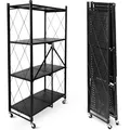 Produktbild: deluxe4home® Klappbares Regal mit Rollen Schwarz I 4 Fächer/Böden Rollbares Faltregal als Kellerregal Abstellraum I Rollregal Ordnungssystem