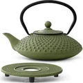 Produktbild: Bredemeijer große grüne Asia Teekanne Gusseisen Set 1.25 Liter Teekessel mit Henkel & Edelstahl Tee-Filter Sieb-Einsatz für losen Tee und Untersetzer