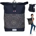 Produktbild: Rucksack Damen Mädchen Freizeitrucksack groß Sport A4 Roll-Top mit Laptopfach Geheimfach Anti-Theft Elephant Daypack Large 13038 Black Ethno Schwarz - Schwarz/Gold